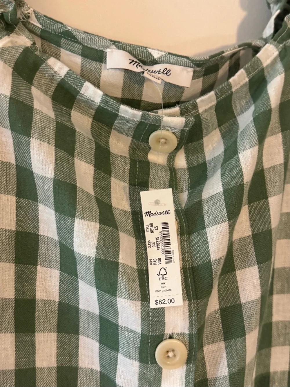 Linen-Cotton Square-Neck Button-Front Top in Gingham Check